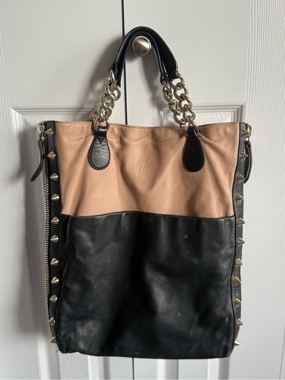 Giuseppe Zanotti Black and Nude Two-Tone Leather Studded Tote